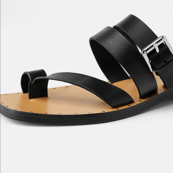 NWT’s Zara Leather Black Buckle Sandals 7.5 Flat 38 - Picture 4 of 6